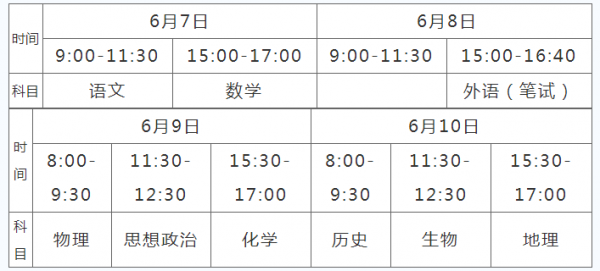 全国高考时间安排表